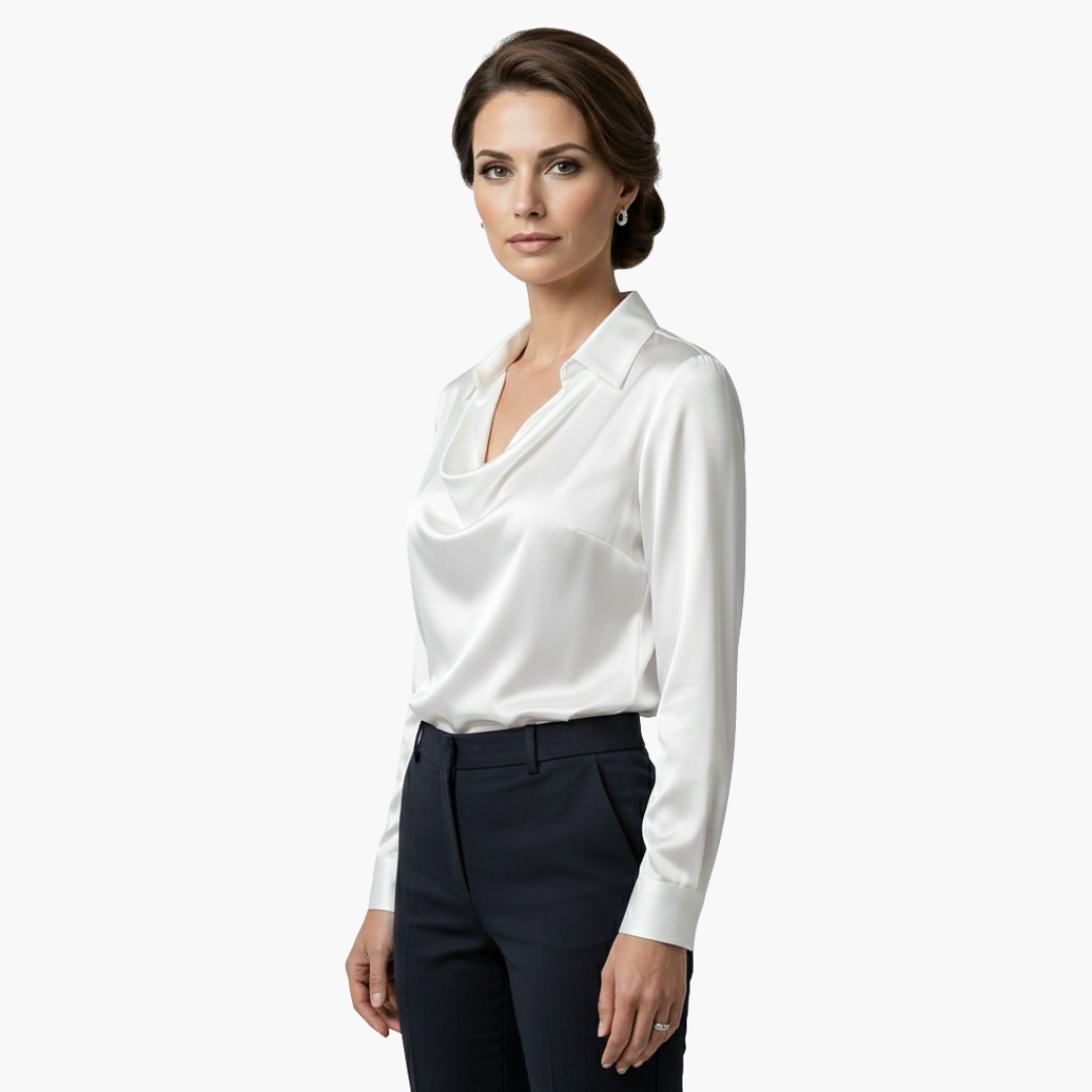 Women's Blouse Satin Draped Neck Long Sleeve Regular Fit Casual