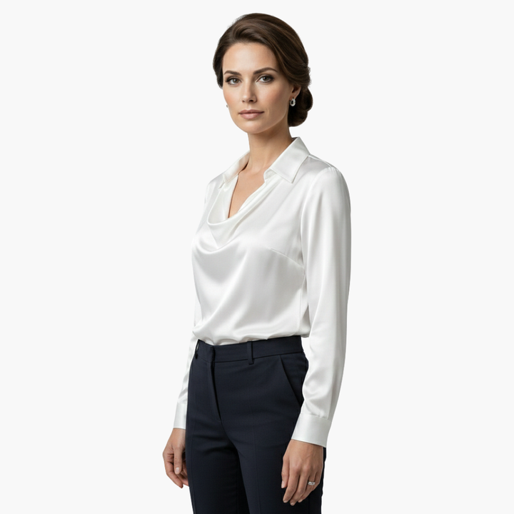Women's Blouse Satin Draped Neck Long Sleeve Regular Fit Casual