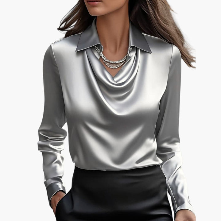 Women's Blouse Satin Draped Neck Long Sleeve Regular Fit Casual