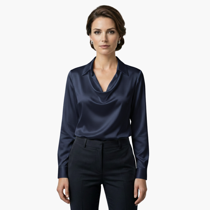 Women's Blouse Satin Draped Neck Long Sleeve Regular Fit Casual