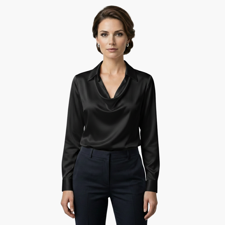 Women's Blouse Satin Draped Neck Long Sleeve Regular Fit Casual
