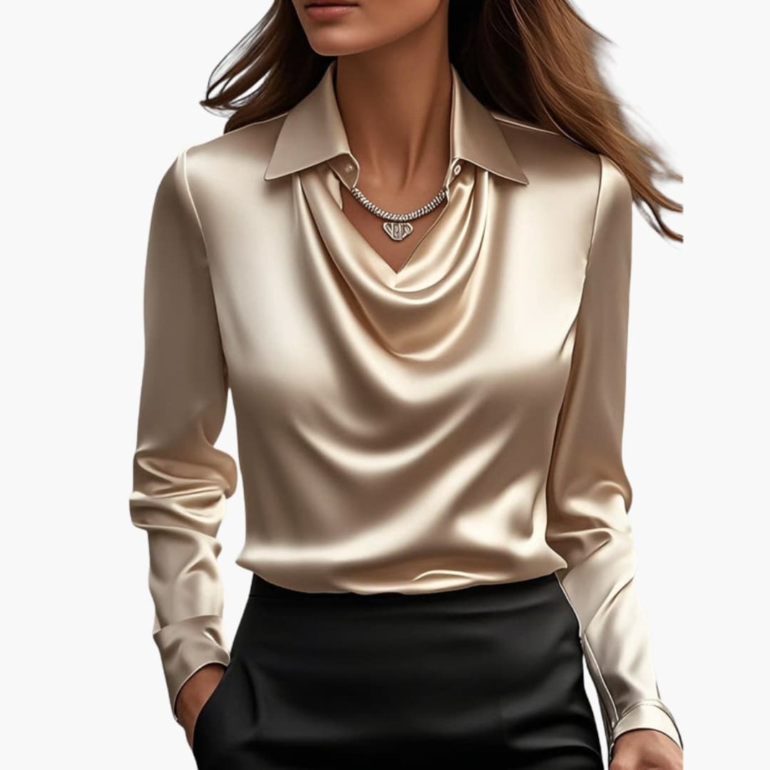 Women's Blouse Satin Draped Neck Long Sleeve Regular Fit Casual