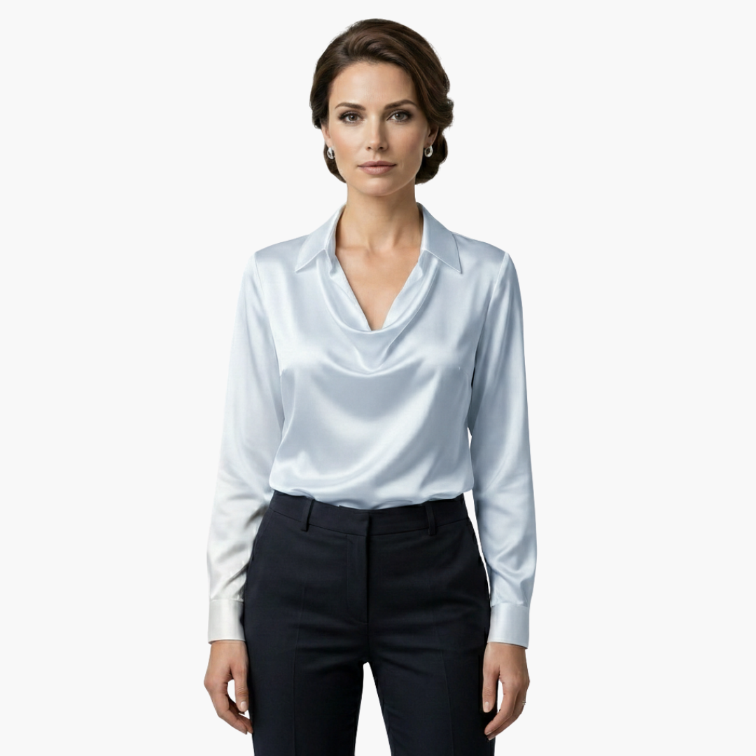 Women's Blouse Satin Draped Neck Long Sleeve Regular Fit Casual