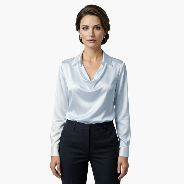 Women's Blouse Satin Draped Neck Long Sleeve Regular Fit Casual