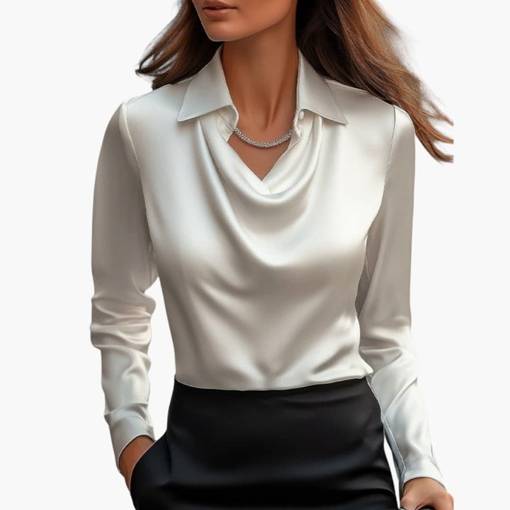 Women's Blouse Satin Draped Neck Long Sleeve Regular Fit Casual