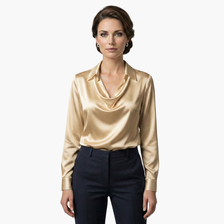 Women's Blouse Satin Draped Neck Long Sleeve Regular Fit Casual
