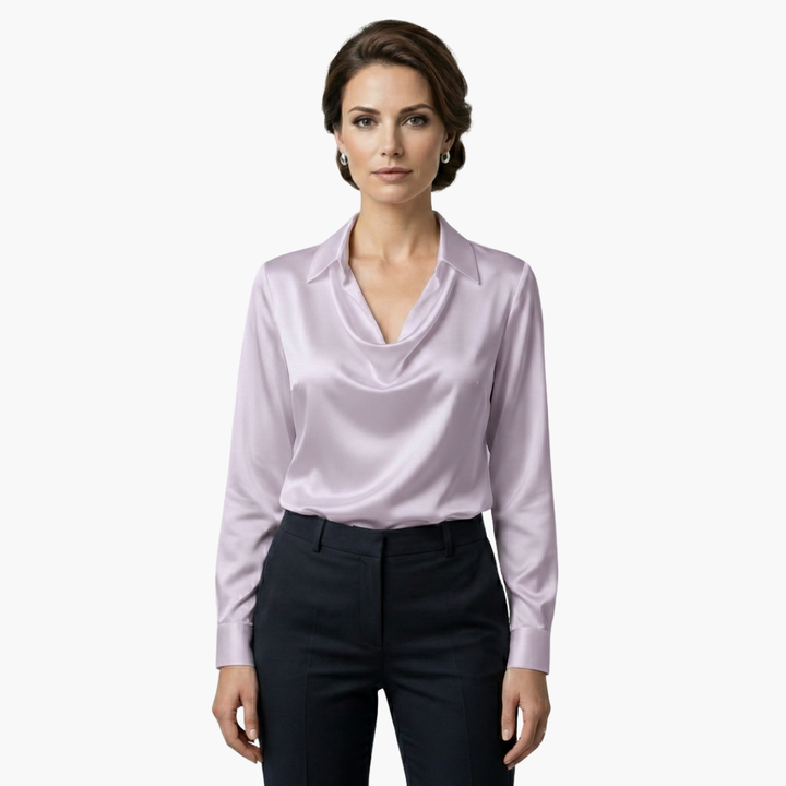 Women's Blouse Satin Draped Neck Long Sleeve Regular Fit Casual