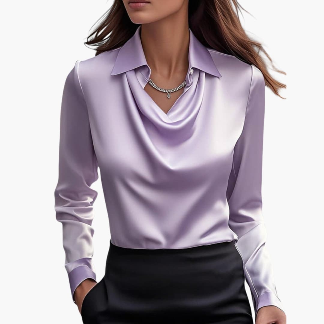 Women's Blouse Satin Draped Neck Long Sleeve Regular Fit Casual