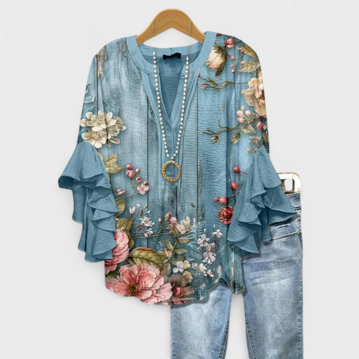 Blusa para mujer floral con escote en V y mangas con volantes casual