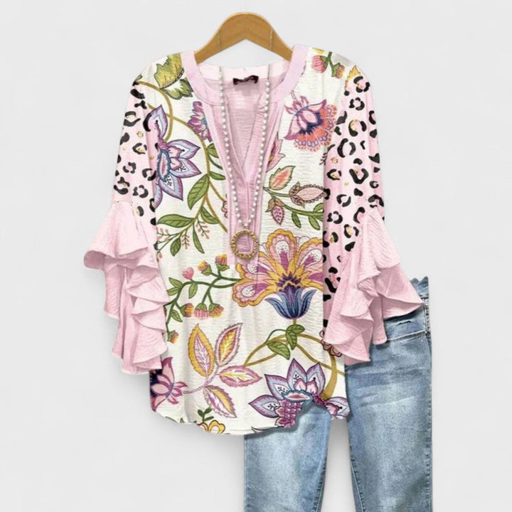 Blusa para mujer floral con escote en V y mangas con volantes casual