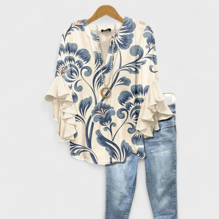 Blusa para mujer floral con escote en V y mangas con volantes casual