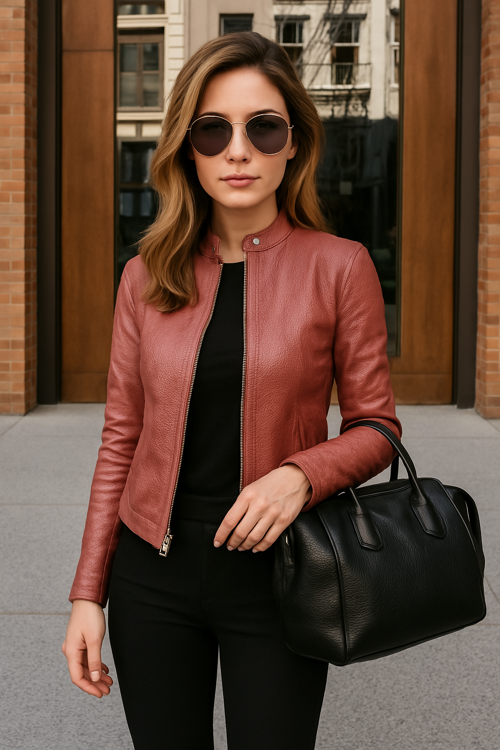 Chaqueta de cuero para mujer, ajustada, con cremallera, manga larga y cuello mandarín