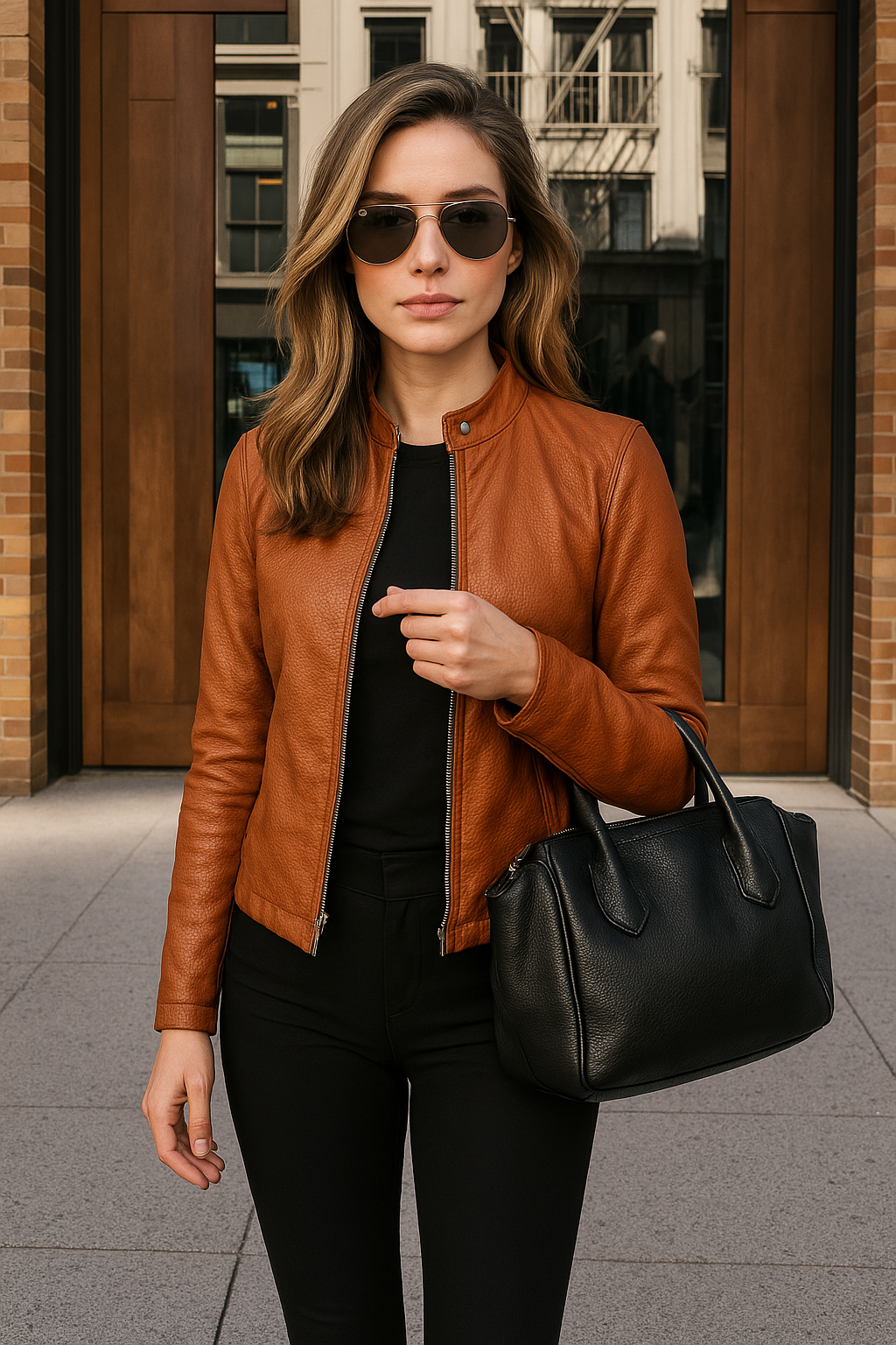 Chaqueta de cuero para mujer, ajustada, con cremallera, manga larga y cuello mandarín