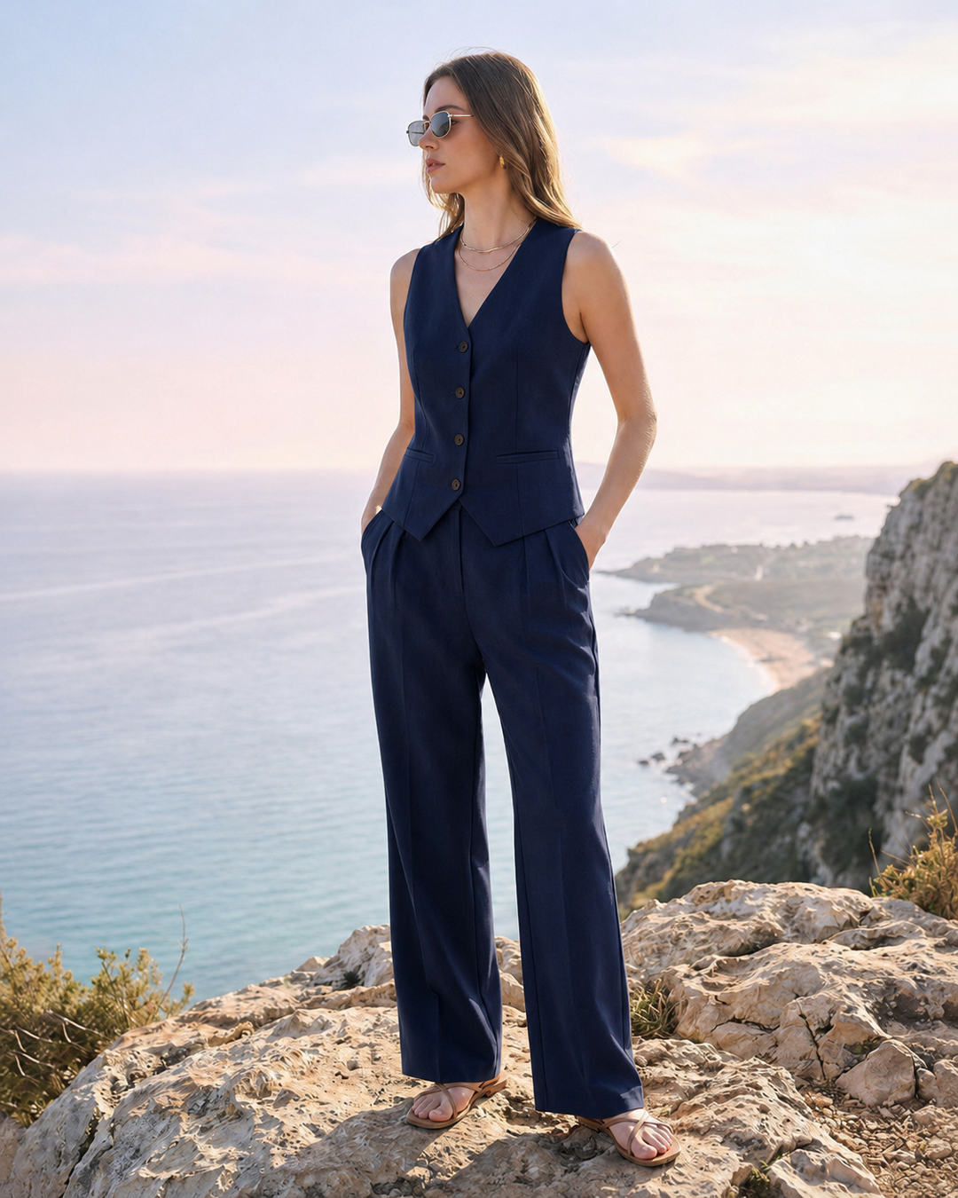 Conjunto de dos piezas chaleco y pantalones ajustados con botones delanteros para mujer