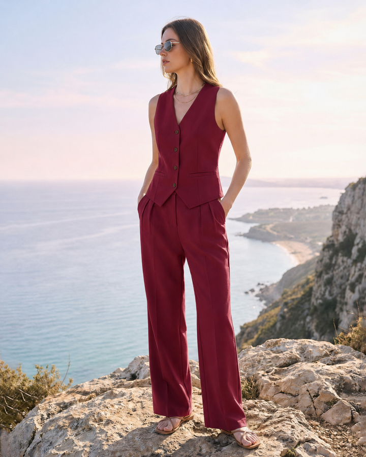 Conjunto de dos piezas chaleco y pantalones ajustados con botones delanteros para mujer