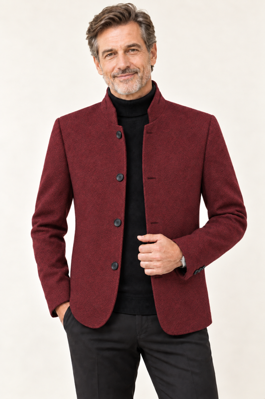 Men's Wool Single Breasted Tweed Blazer Jacket | Stand Collar