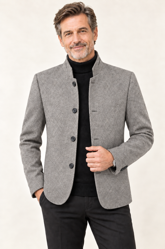 Men's Wool Single Breasted Tweed Blazer Jacket | Stand Collar