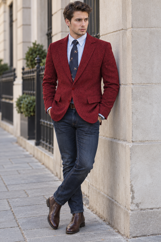 Blazer classique pour homme en tweed à chevrons | Revers cranté, coupe ajustée