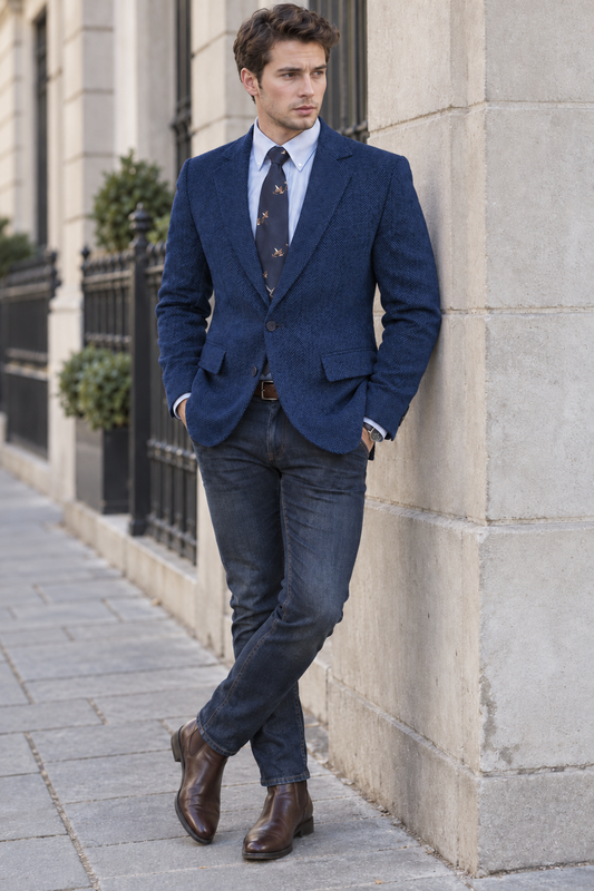 Blazer classique pour homme en tweed à chevrons | Revers cranté, coupe ajustée