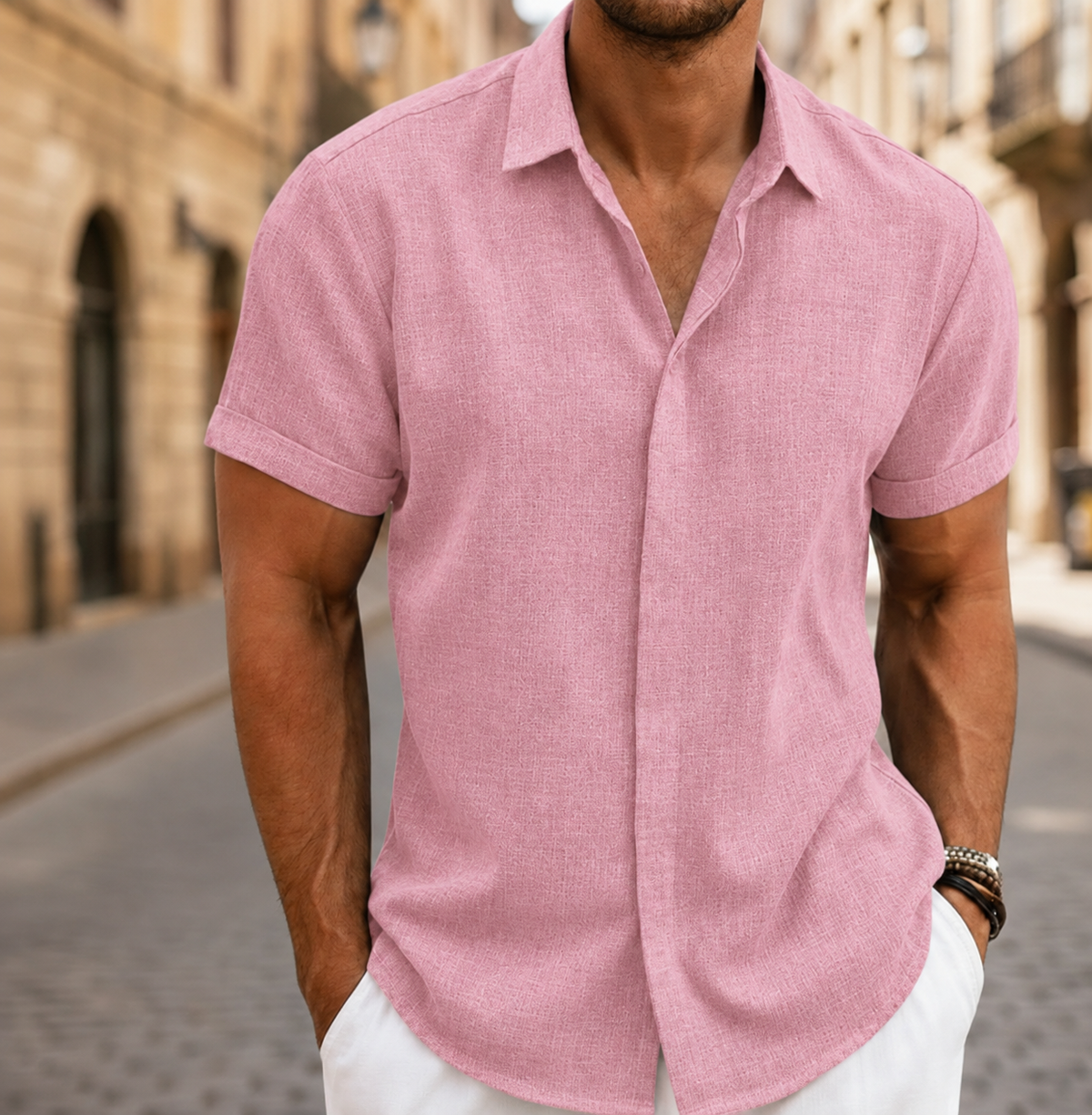 Chemise d'été légère pour homme à manches courtes avec boutons sur le devant