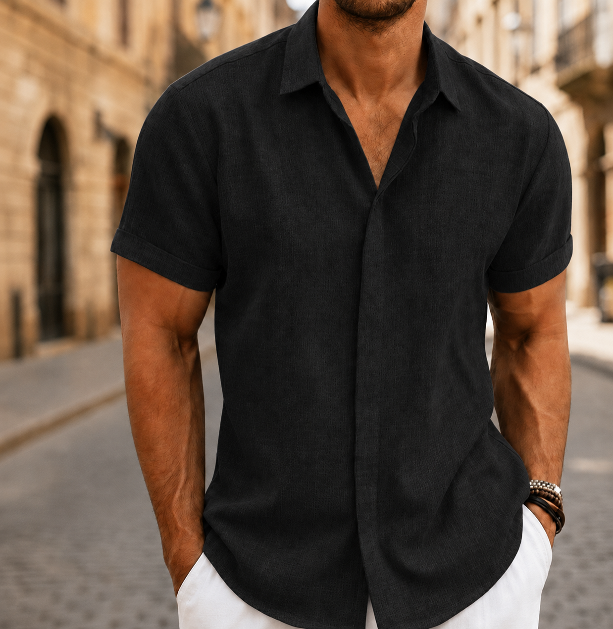 Chemise d'été légère pour homme à manches courtes avec boutons sur le devant
