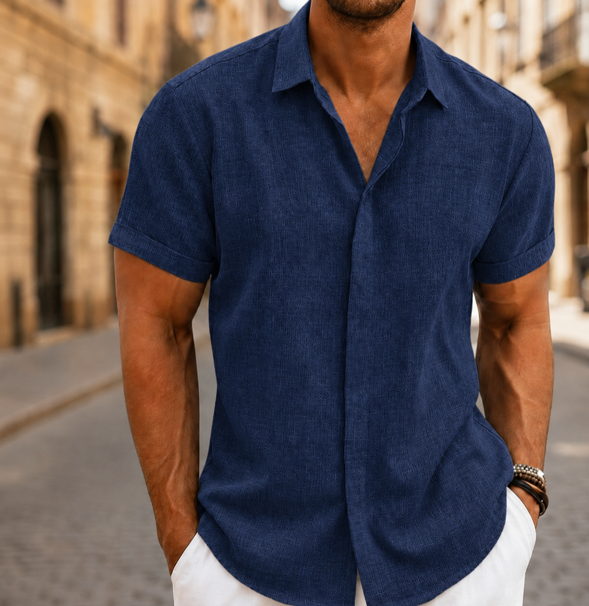 Chemise d'été légère pour homme à manches courtes avec boutons sur le devant