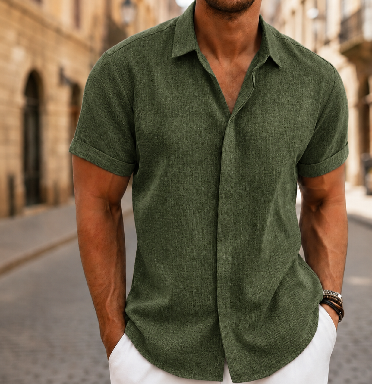 Chemise d'été légère pour homme à manches courtes avec boutons sur le devant