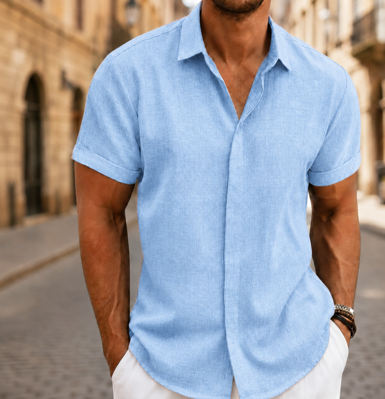 Chemise d'été légère pour homme à manches courtes avec boutons sur le devant