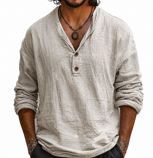 Camisa de manga larga para hombre de algodón y lino con cuello Henley | Bajo curvado