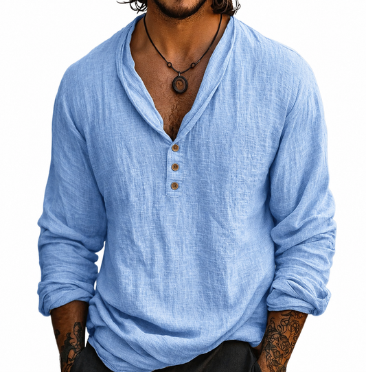 Camisa de manga larga para hombre de algodón y lino con cuello Henley | Bajo curvado
