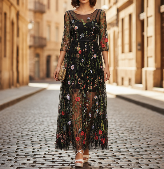Vestido largo bordado de malla para mujer