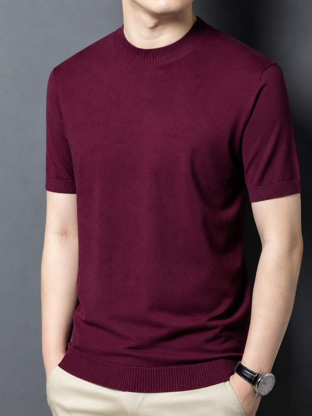 Men's T-Shirt Silk Wool Knit Slim Fit Short Sleeve Mock Neck Casual