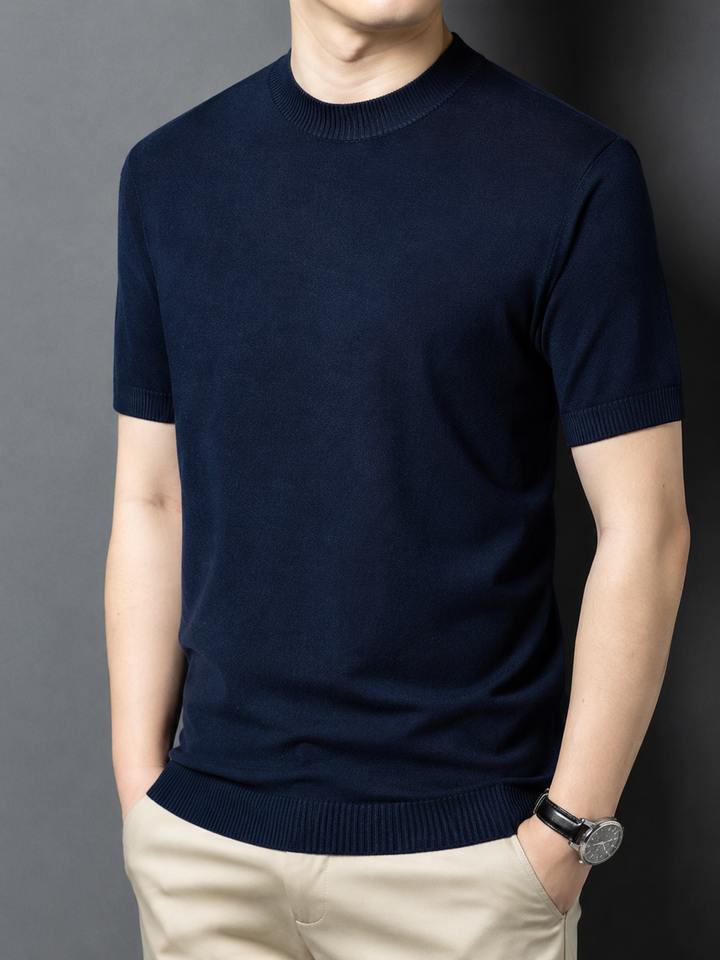 Men's T-Shirt Silk Wool Knit Slim Fit Short Sleeve Mock Neck Casual