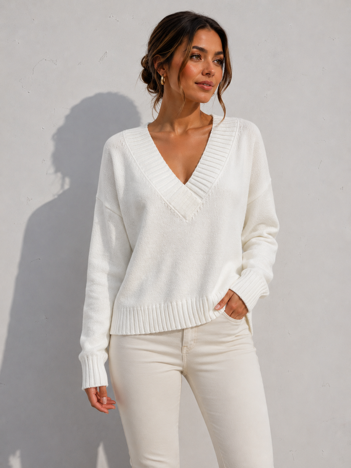 Sweater V-Neck Ribbed Knit Long Sleeve Womens