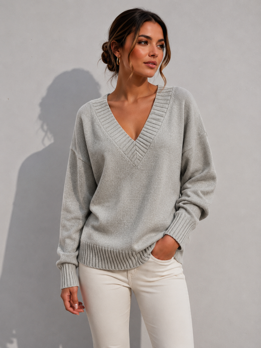 Pull à col en V en maille côtelée à manches longues pour femmes