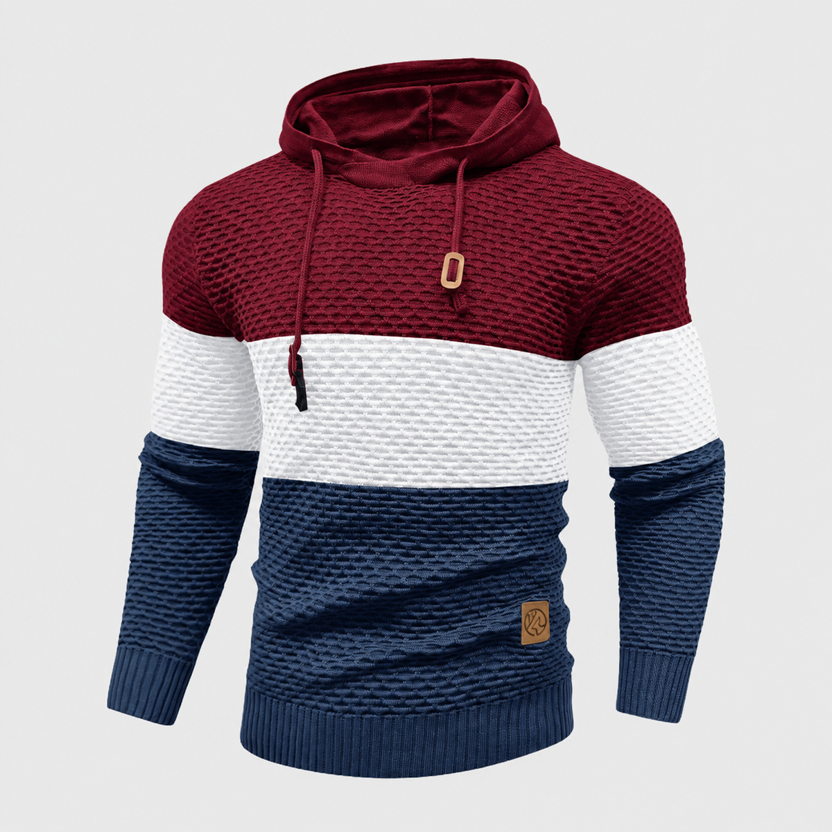 Suéter de punto de tres tonos para hombre | Sudadera con capucha de punto a rayas