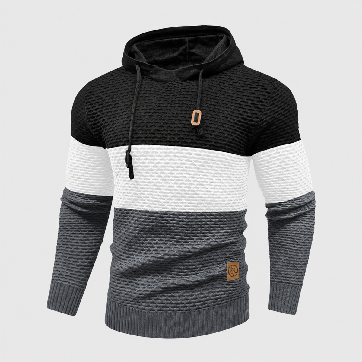 Suéter de punto de tres tonos para hombre | Sudadera con capucha de punto a rayas