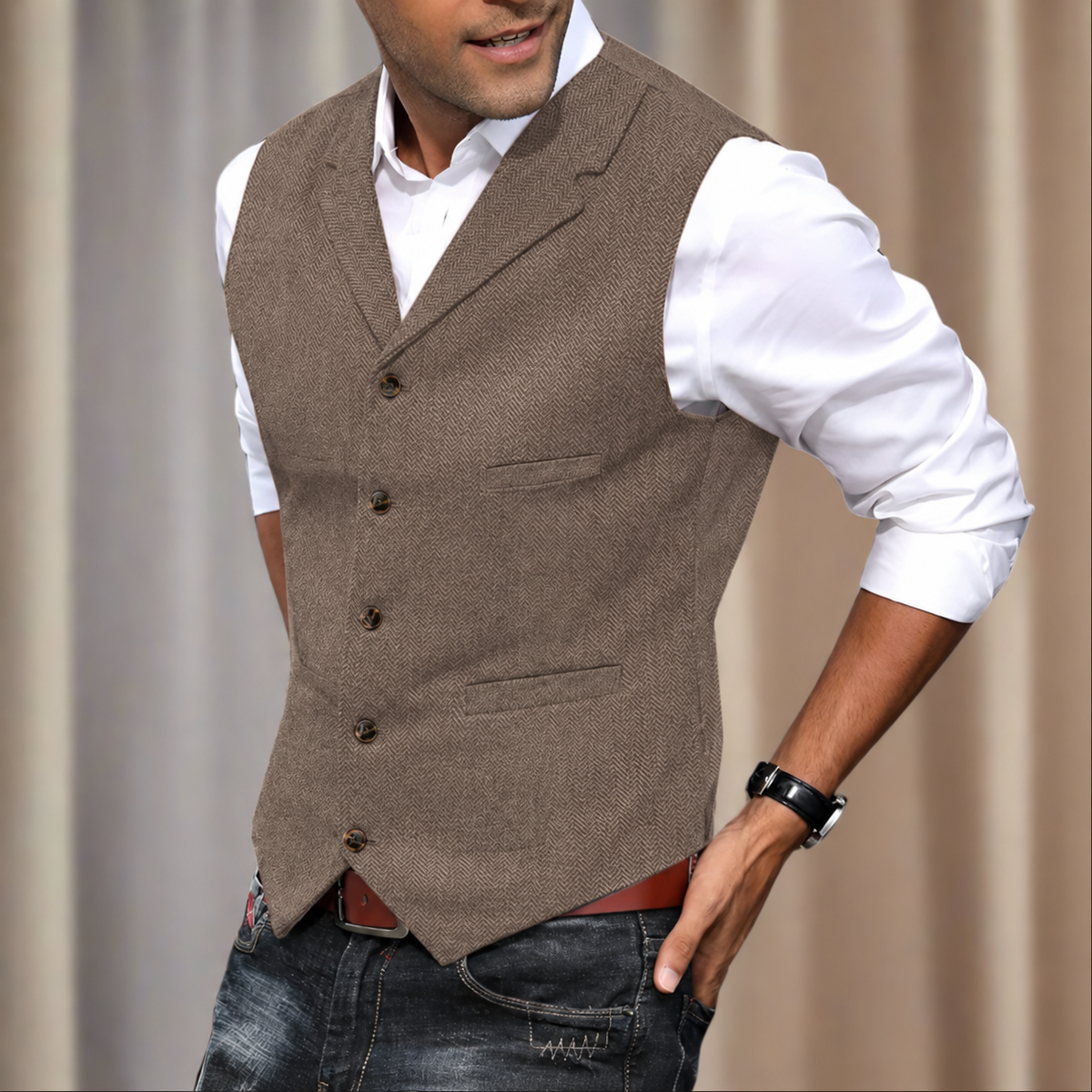 Men's Herringbone Longline V-Neck Vest | Formal Suit
