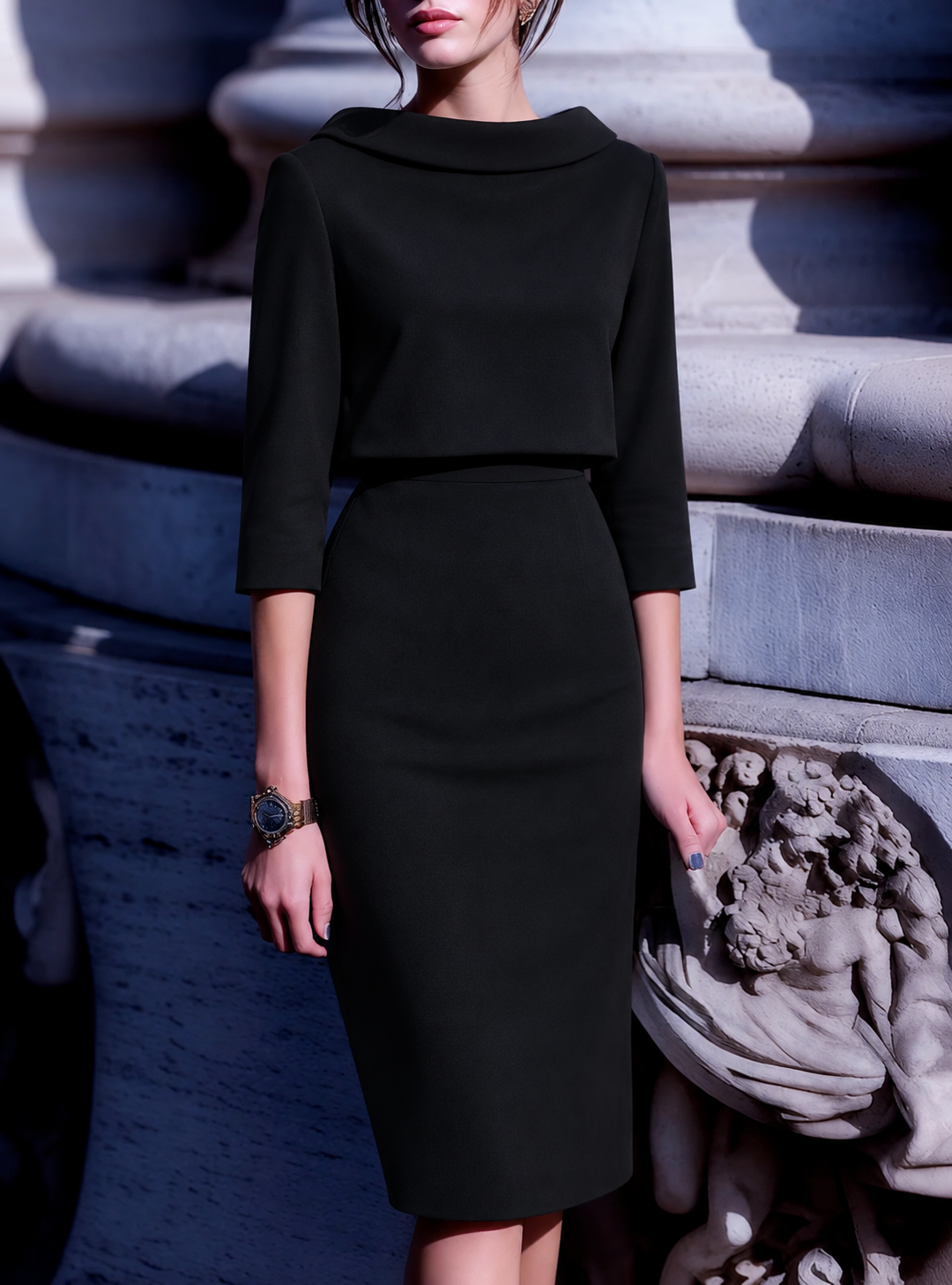 Conjunto elegante coordinado de top de cuello barco y falda midi para mujer
