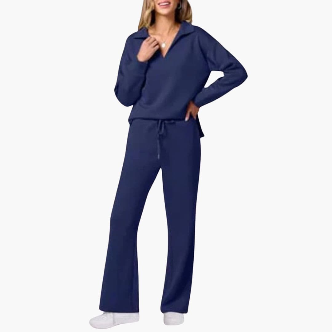 Ensemble deux pièces femme : haut à manches longues col en V et pantalon large décontracté