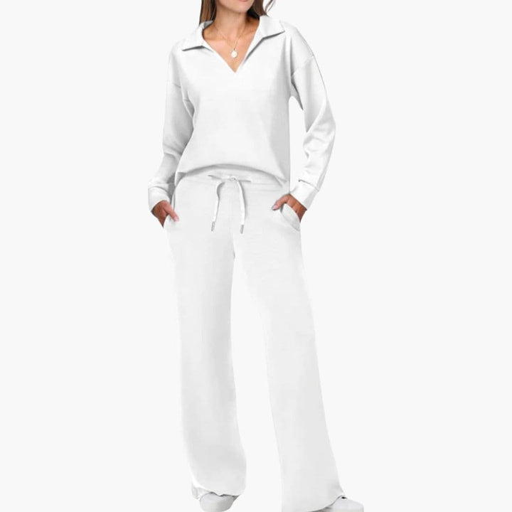 Ensemble deux pièces femme : haut à manches longues col en V et pantalon large décontracté