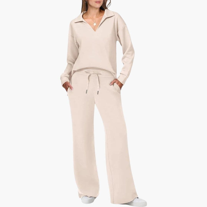Ensemble deux pièces femme : haut à manches longues col en V et pantalon large décontracté