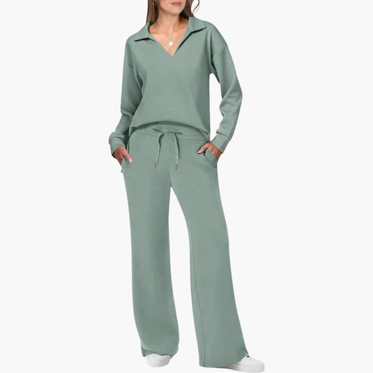 Ensemble deux pièces femme : haut à manches longues col en V et pantalon large décontracté