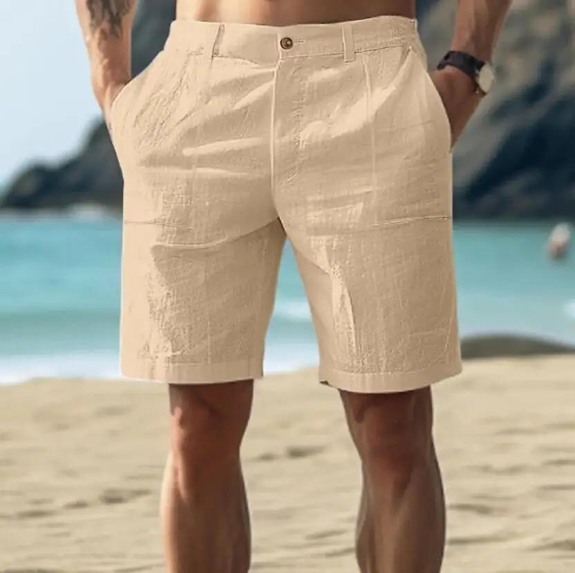 Shorts en lin pour homme, taille élastique avec cordon, coupe décontractée