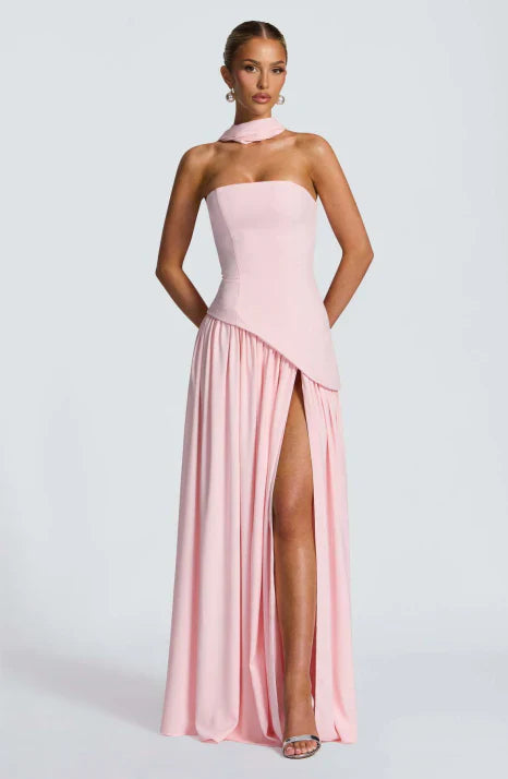 Robe longue fluide en soie pour femme, bustier sans bretelles et sans manches, formelle