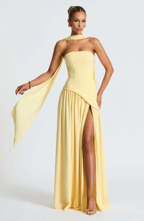 Robe longue fluide en soie pour femme, bustier sans bretelles et sans manches, formelle