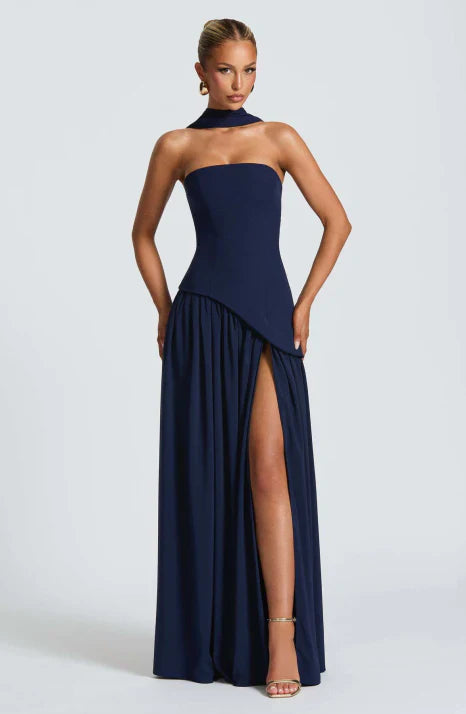 Robe longue fluide en soie pour femme, bustier sans bretelles et sans manches, formelle