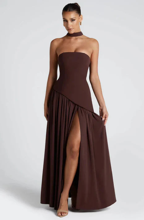 Robe longue fluide en soie pour femme, bustier sans bretelles et sans manches, formelle