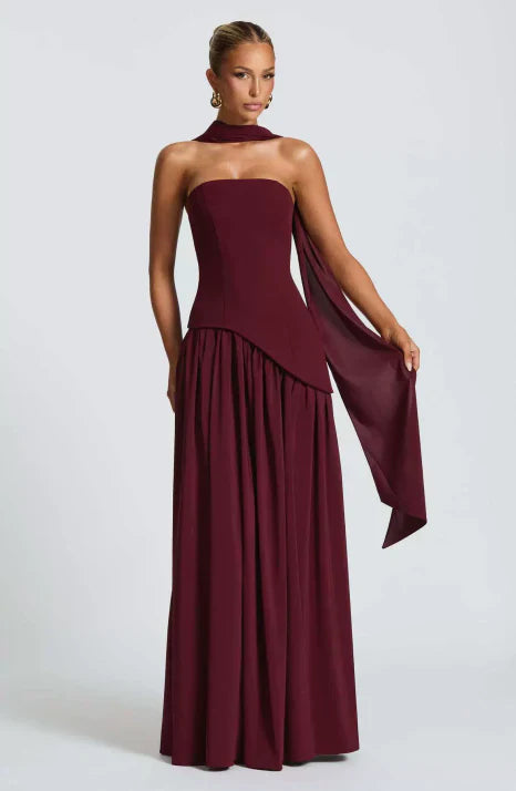 Robe longue fluide en soie pour femme, bustier sans bretelles et sans manches, formelle