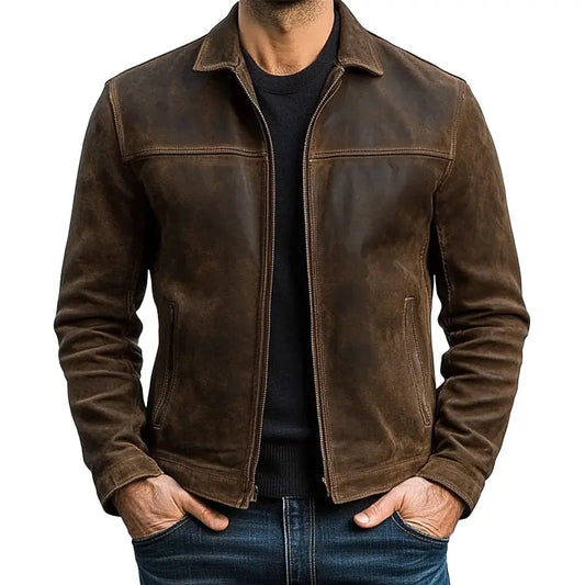 Chaqueta de cuero para hombre estilo motorista con cremallera y manga larga